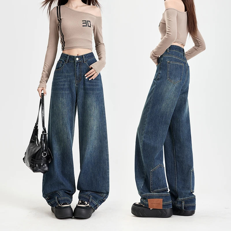 Ins Fashion American Retro Baggy High Waisted Jeans Woman High Street Denim Pants Reversible Trousers Streetwear Y2K Loose Jeans