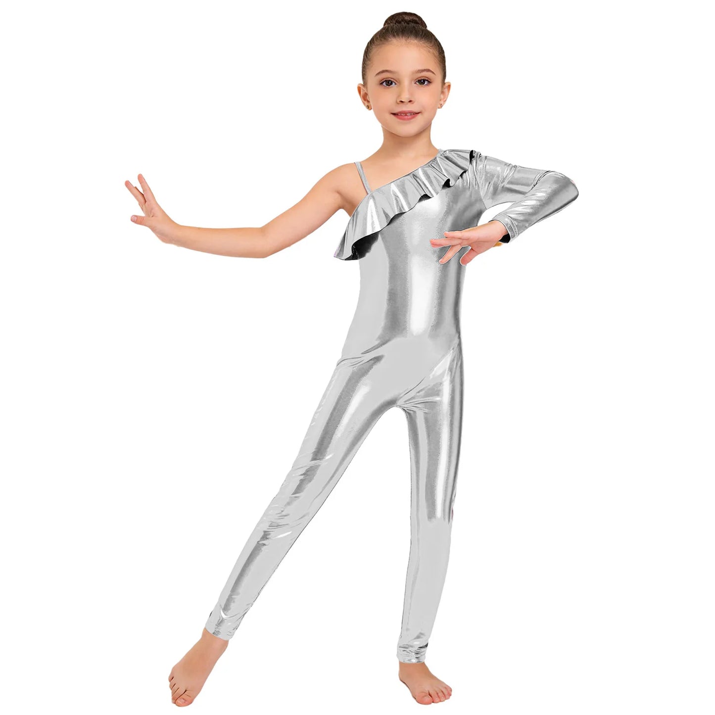 Kids Girls Metallic Shiny Ballet Dance Unitards Figure Skating Acrobatics Gymnastics Leotard One Shoulder Long Sleeve Jumpsuit