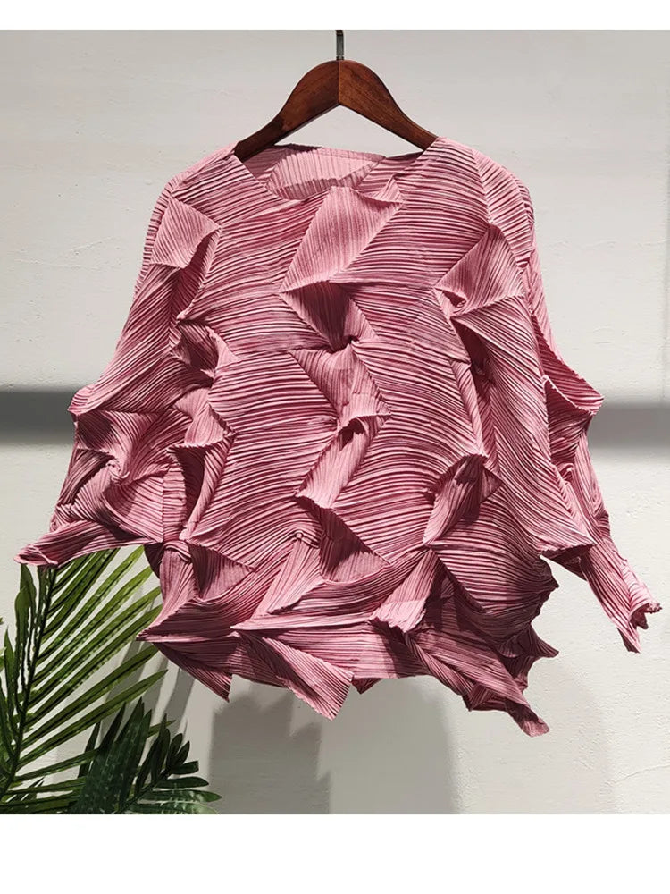 GVUW Elegant Diamond Pleated T-shirt Women Summer Fashion Three Quarter Sleeve O-neck Pullover Female Loose Clothing 17D585