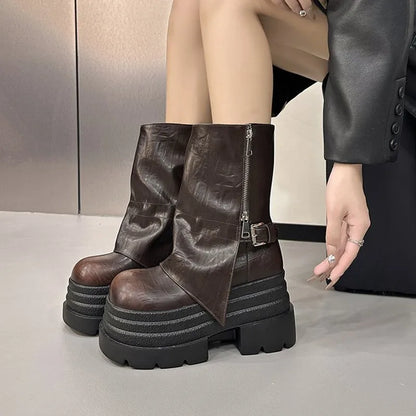 NEW Women's Leather Ankle Boots 10CM Heels Chunky Platform Combat Boots Non Slip Motorcycle Shoes Woman Punk Boots