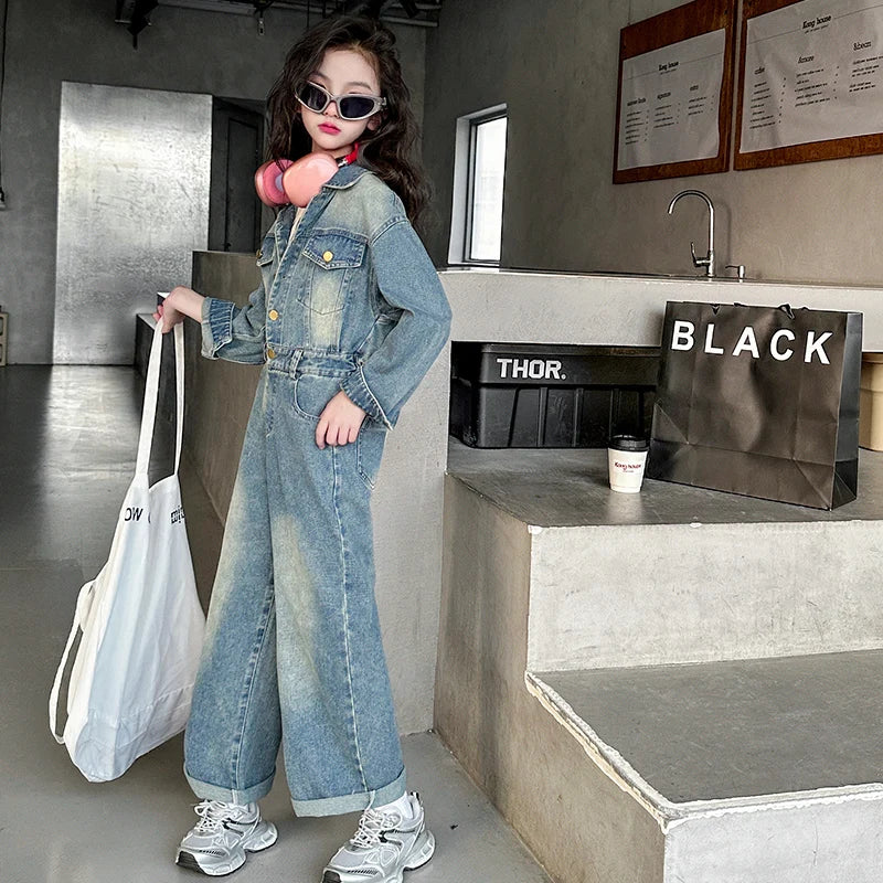 2025 Spring teen Kids girl Denim Jumpsuits Long Sleeve Overalls Children Fashion Jeans Loose Trousers Korean junior Girls Outfit