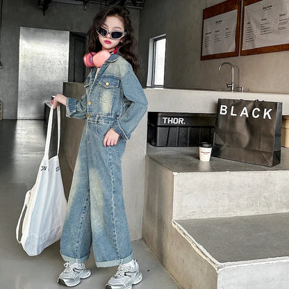 2025 Spring teen Kids girl Denim Jumpsuits Long Sleeve Overalls Children Fashion Jeans Loose Trousers Korean junior Girls Outfit