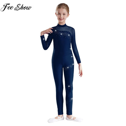 Kids Girls Ballet Dance Gymnastics Leotard Figure Skating Acrobatics Yoga Bodysuit Long Sleeve Shiny Rhinestone Mesh Jumpsuit