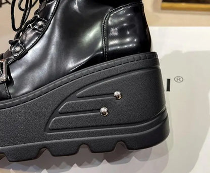 New Punk Women's Boots Wedges Ladies Shoes Patent Leather Boot Rivets Cosplay Ankle Boots Zip Ladies Gothic Motorcycle Boot