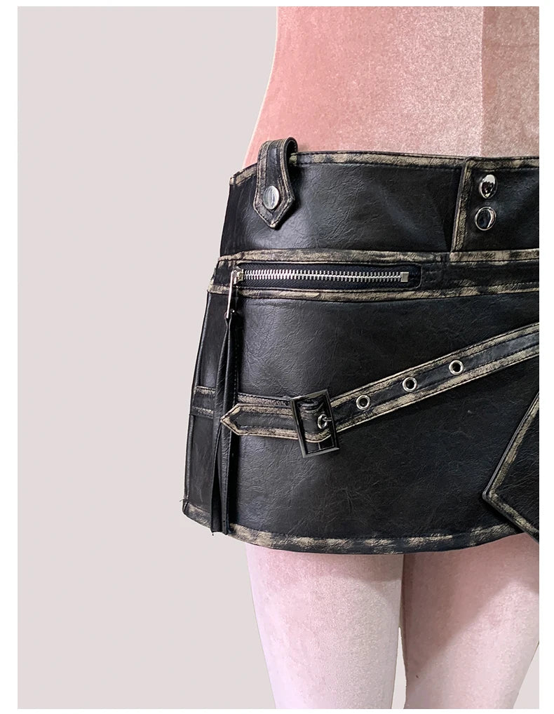 Mauroicardi Summer Cool Distressed Black Faux Leather Mini Asymmetrical Skirt Woman High Waist Short Luxury Designer Emo Clothes
