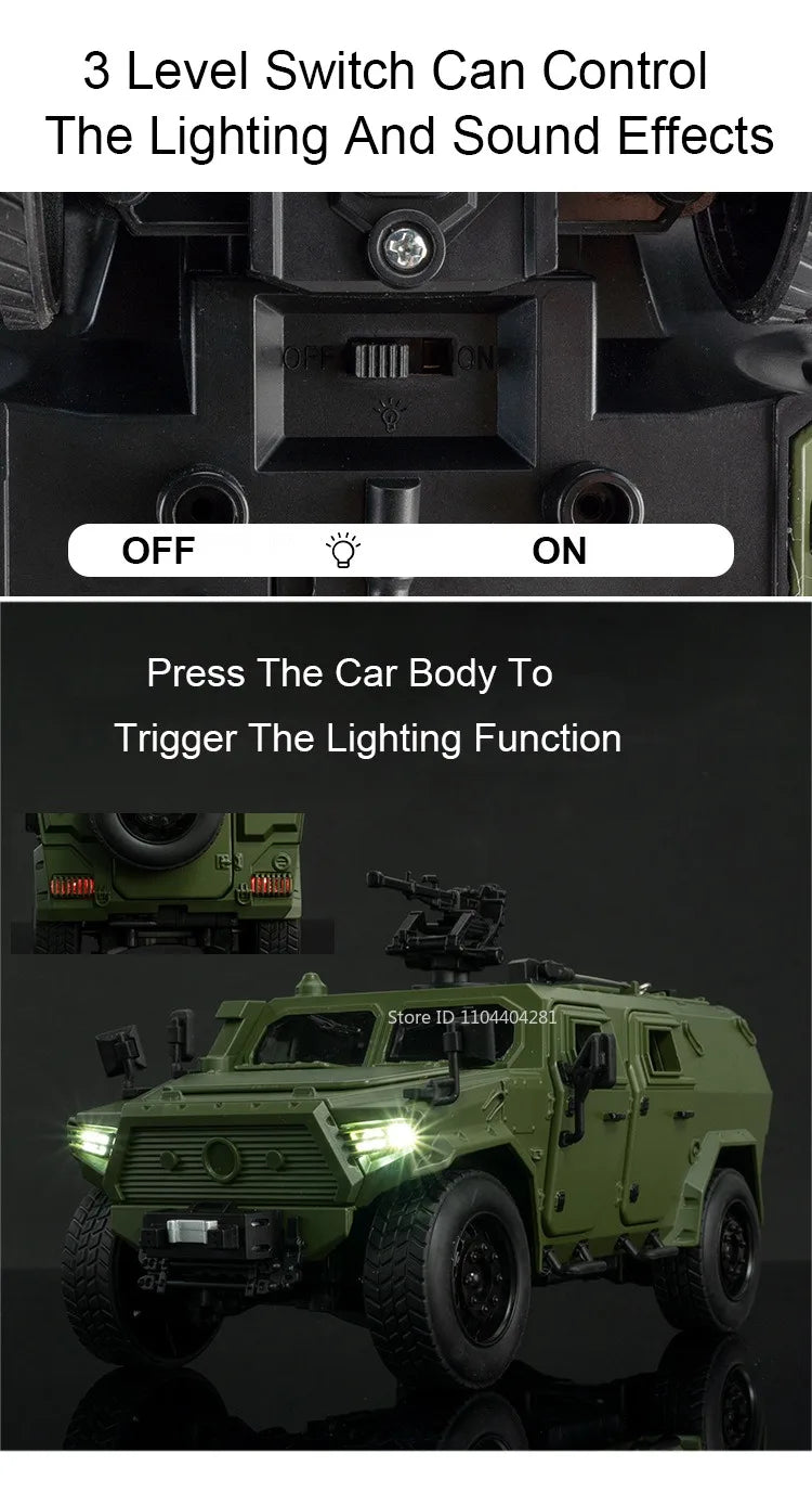 Dongfeng M-Terrain 1:18 Alloy Car Toys Miniature Model Diecast Military Vehicle Sound Light Pull Back Doors Opened Kid Xmas Gift