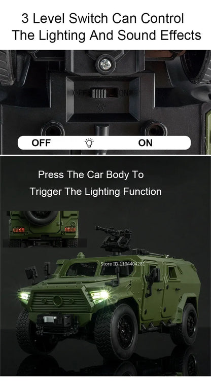 Dongfeng M-Terrain 1:18 Alloy Car Toys Miniature Model Diecast Military Vehicle Sound Light Pull Back Doors Opened Kid Xmas Gift