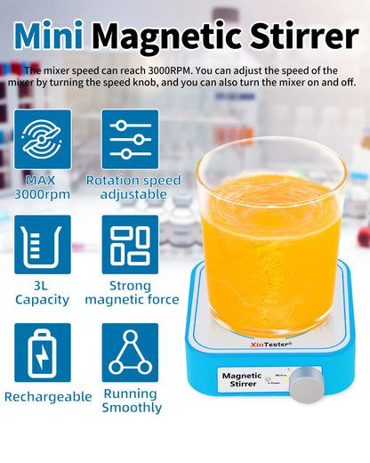 Xin Teste 3000RPM Mini Magnetic Stirrer, 3000ml  Stirrers for Low Viscosity Liquid, No Heating Basic/Rechargeable