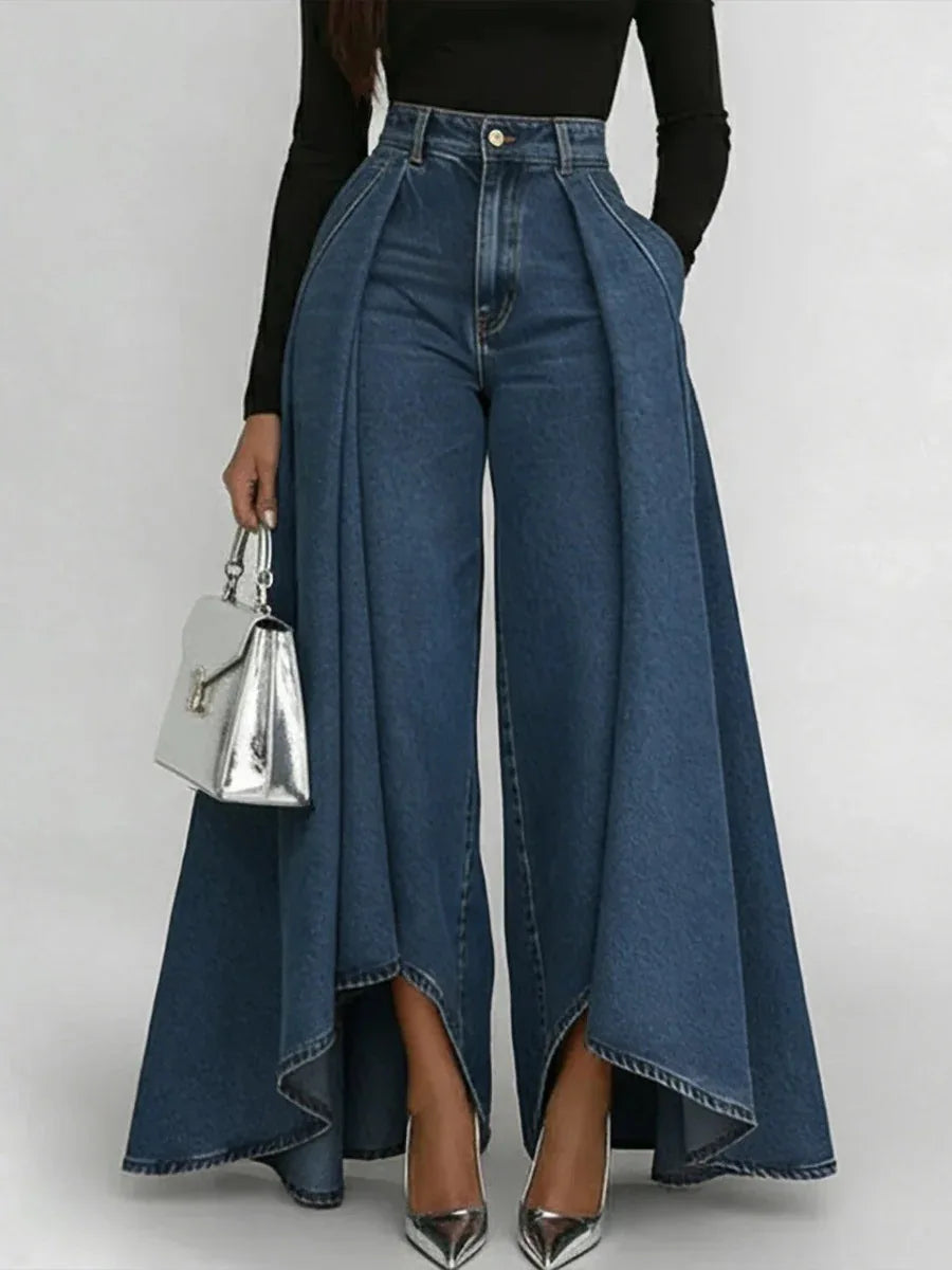 Women's High Waisted Wide Leg Jeans Overlay Flare Denim Pants With Pockets For Female High Street Elegant Fashionable Long Jeans