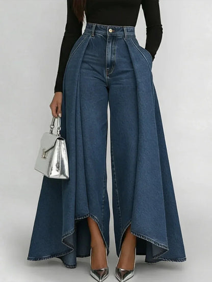 Women's High Waisted Wide Leg Jeans Overlay Flare Denim Pants With Pockets For Female High Street Elegant Fashionable Long Jeans