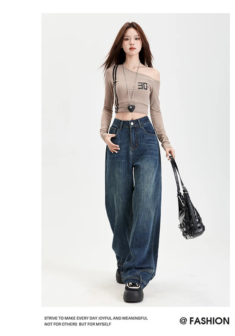 Ins Fashion American Retro Baggy High Waisted Jeans Woman High Street Denim Pants Reversible Trousers Streetwear Y2K Loose Jeans