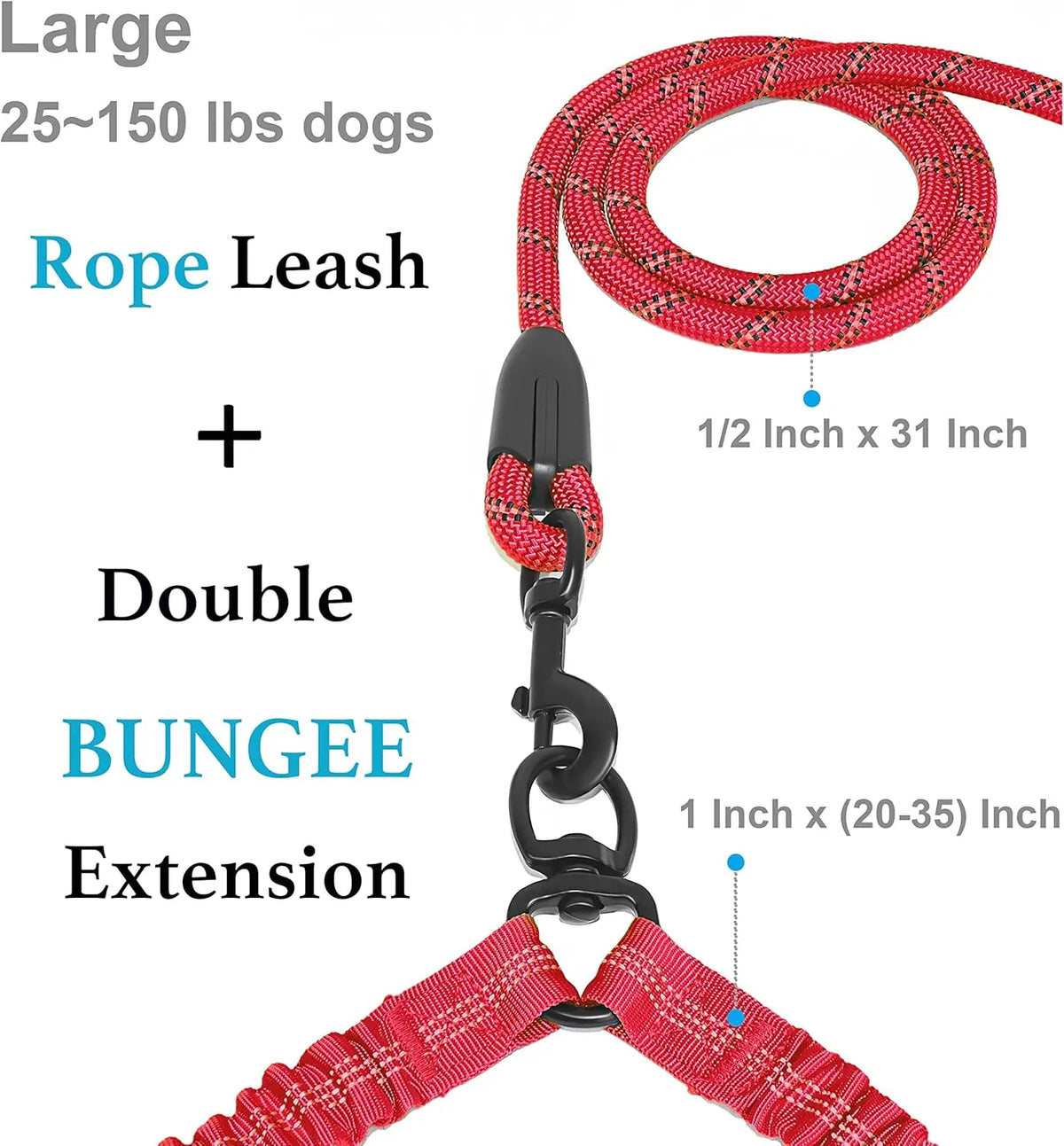 Double Dog Leash, Dual Dog Leash, 360 Swivel Tangle Free Bungee Walking Training Leash for Large Medium Dogs, Shock Absorbing Bu