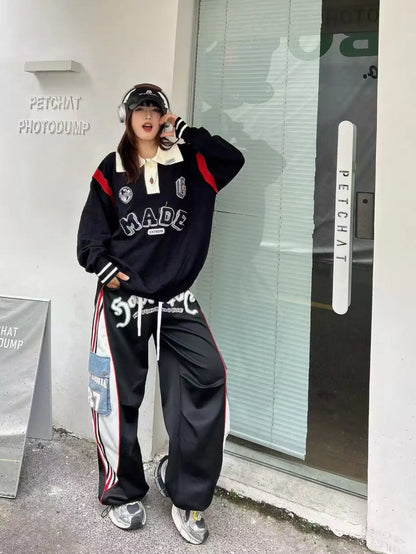 European Style Casual Pants for Women 2026 Spring Summer New Large Pocket Letter Print Embroidery Patchwork Denim Trousers Trendy