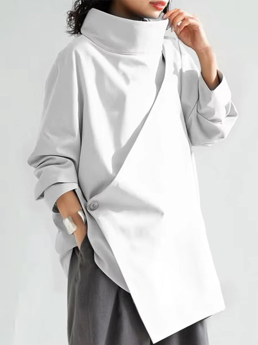 Gymystars 2026 New Black Long Sleeves Loose High Neck T-Shirts Tops Womens Spring Autumn Buttoned Casual Simpie Top