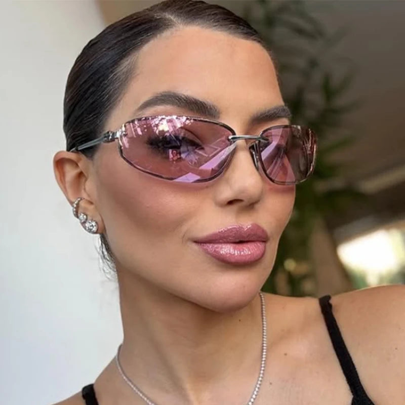 New Y2K Sunglasses For Women High Quality Oval Fashion Luxury Brand Rimless Glasses Trendy Woman Alloy Ladies Shades Eyewear