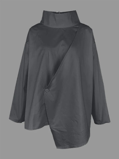 Gymystars 2026 New Black Long Sleeves Loose High Neck T-Shirts Tops Womens Spring Autumn Buttoned Casual Simpie Top