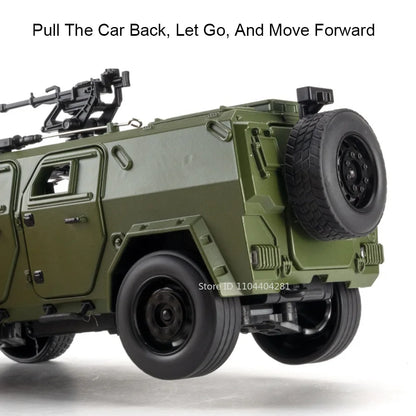 Dongfeng M-Terrain 1:18 Alloy Car Toys Miniature Model Diecast Military Vehicle Sound Light Pull Back Doors Opened Kid Xmas Gift