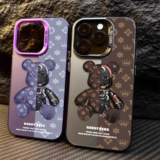 Matte Hard Case for iPhone 16 15 14 13 12 11 Pro Max XS X XR 8 7 Plus SE 2020 Luxury Retro Robot Bear Shockproof Plating Cover