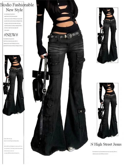 Retro Multi Pocket Y2K Flared Pants Women's Black Low Waisted Denim Cargo Jeans Gothic Stretch Slim Spicy Girl Workwear Trousers