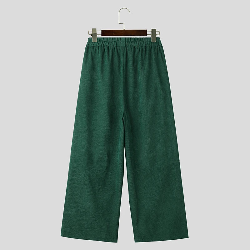 INCERUN Men Corduroy Pants Solid Color Loose Elastic Waist Streetwear Casual Wide Leg Trousers Men Long Pants