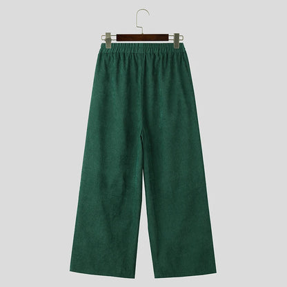 INCERUN Men Corduroy Pants Solid Color Loose Elastic Waist Streetwear Casual Wide Leg Trousers Men Long Pants