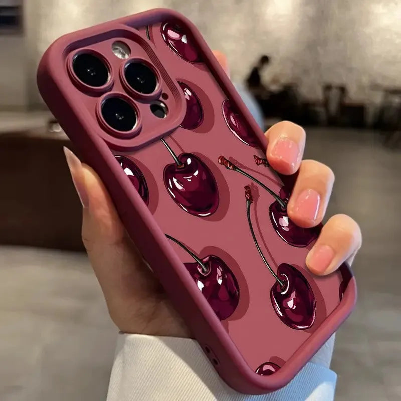 Luxury Wine Red Cherry Print Phone Case for iPhone 17 16e 16 15 14 13 12 11 Air Pro Max Mini XR XS X 7 8 6 6s Plus Back Cover