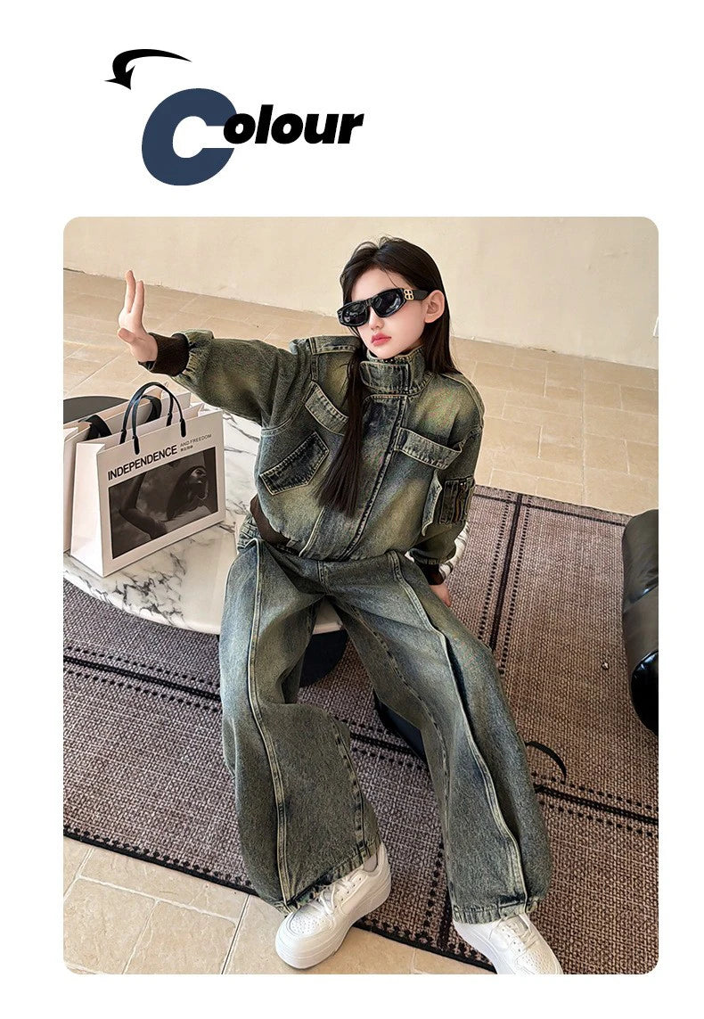 American Retro Denim Set for Girls  2026 Spring New Style Buttoned Collar Coat and Floor-Length Pants Set 5-13Y