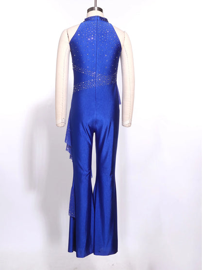 Kids Girls Figure Skating Jumpsuit Ballet Gymnastics Acrobatics Dance Leotard Sleeveless Shiny Rhinestones Ruffles Mesh Bodysuit