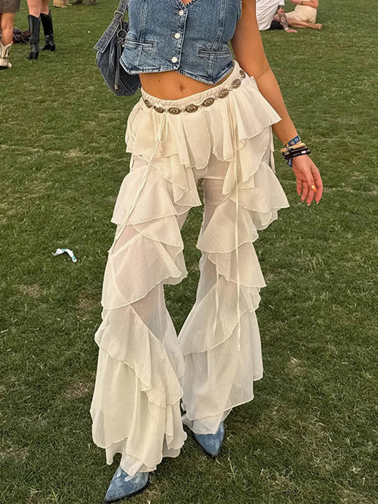 Weird Puss Irregular Tierred Flare Pants Women Y2K Patchwork See Through Summer Hipster Wild Basic Street Trend Classic Trousers