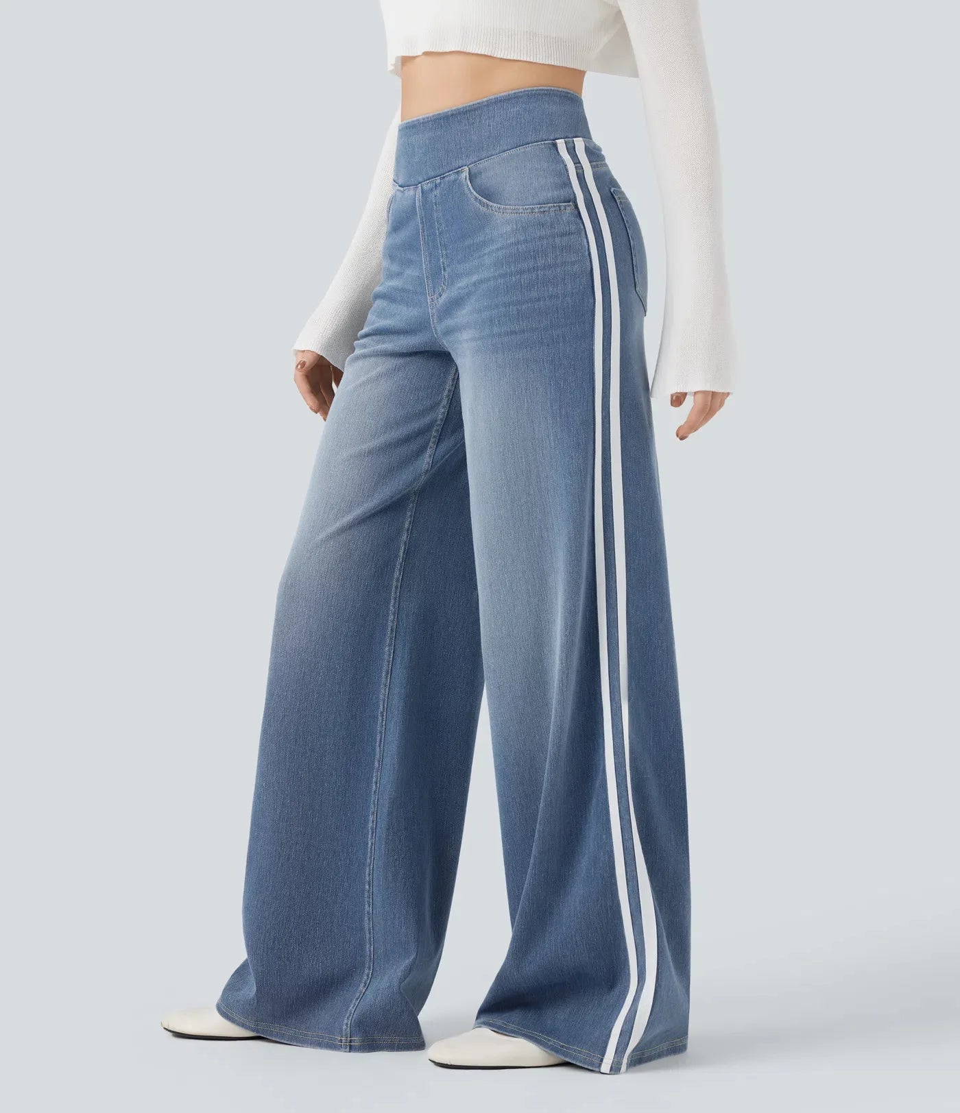 Retro Washed Blue Side Stripe Jeans Women's Y2K High Street Loose Wide Leg Pants Casual Comfortable High Waist Denim Jeans