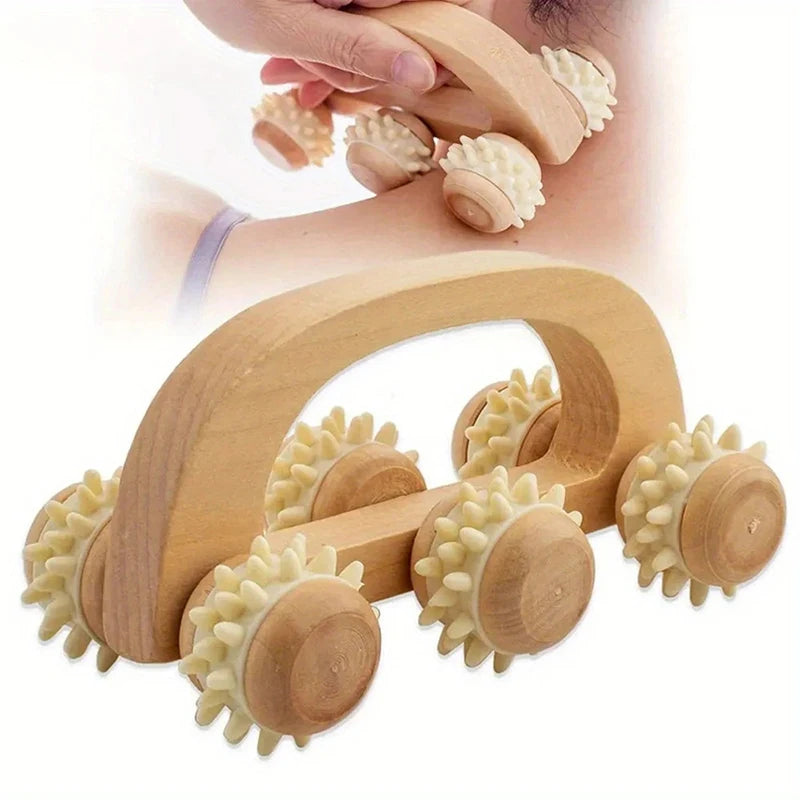 ♥Handheld Wooden Massage Roller Tool - 6 Spiky Wheels Massager for Muscle Pain Relief & Lymphatic Drainage