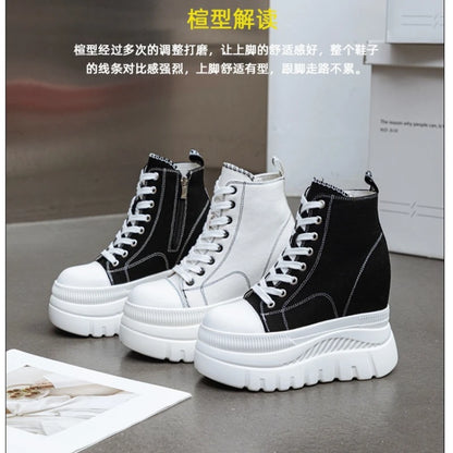 High Top (12CM) Women's Sneakers Casual Leather Lace up Boots Sneakers For Woman Spring Autumn Shoes High Heels Sneaker Shoes