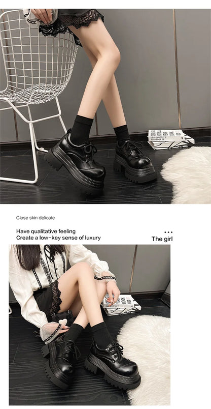 Women Retro Leather Loafers – Thick Sole Oxford Lace‑Up Platform Shoes