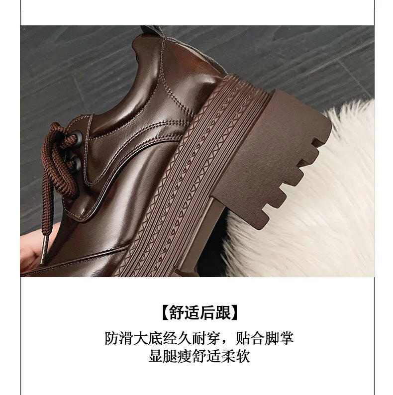 Women Retro Leather Loafers – Thick Sole Oxford Lace‑Up Platform Shoes