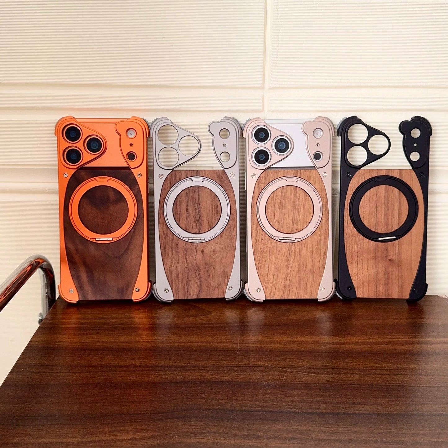 Luxury Metal Frame Walnut Wood Frameless Phone Case For iPhone 17 16 15 14 Pro Max Magsafe Magnetic 360 Rotating Bracket Cover