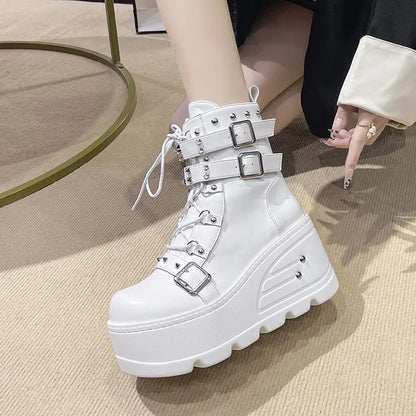 New Punk Women's Boots Wedges Ladies Shoes Patent Leather Boot Rivets Cosplay Ankle Boots Zip Ladies Gothic Motorcycle Boot