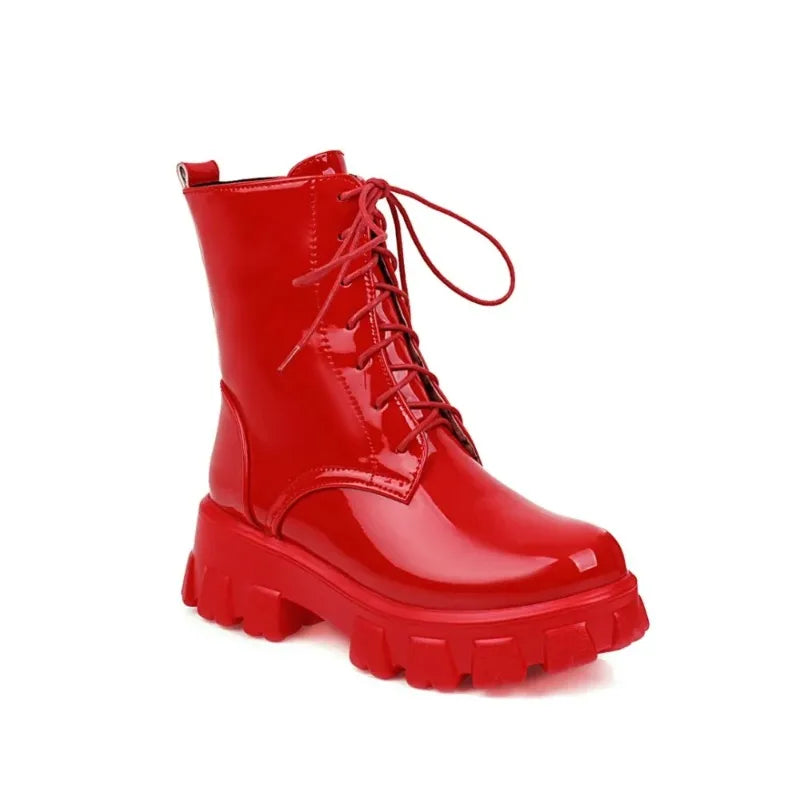 High End Women Boot Fashion Patent Leather Ankle Boots Exquisite Lace Platform Boots for Woman Luxury Designer Shoes Botas Mujer