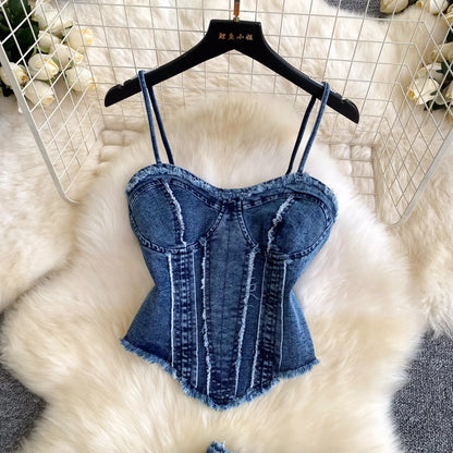 Two Pieces Women Pant Set Denim Matching Set Solid Camisole Sleeveless Top Zipper Fly Empire Waist Full Length Pants 2026 Summer