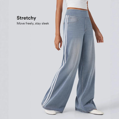Retro Washed Blue Side Stripe Jeans Women's Y2K High Street Loose Wide Leg Pants Casual Comfortable High Waist Denim Jeans