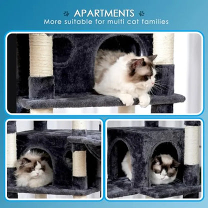 Cat Tree 74 inches Multi-Level XL Large Cat Tower for Indoor Cats with Three Cat Condos Two Large Top Decks and Cat Hairbrush f