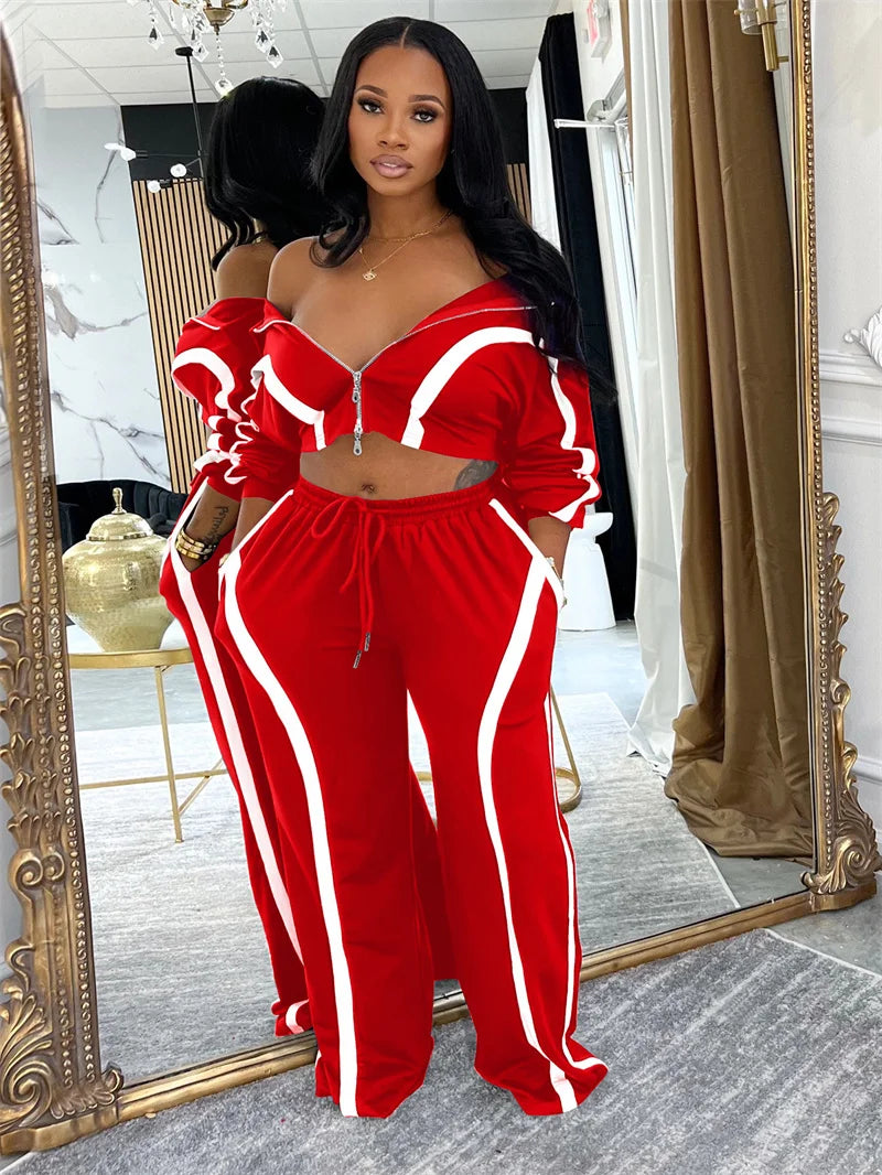 Doyerl Striped Casual Two Piece Set Woman Tracksuit Sports Joggers Zip Long Sleeve Jacket and Sweatpants Matching Sets Outfits