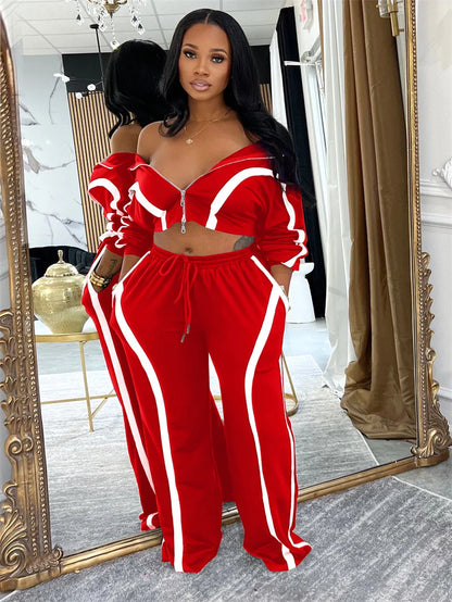 Doyerl Striped Casual Two Piece Set Woman Tracksuit Sports Joggers Zip Long Sleeve Jacket and Sweatpants Matching Sets Outfits