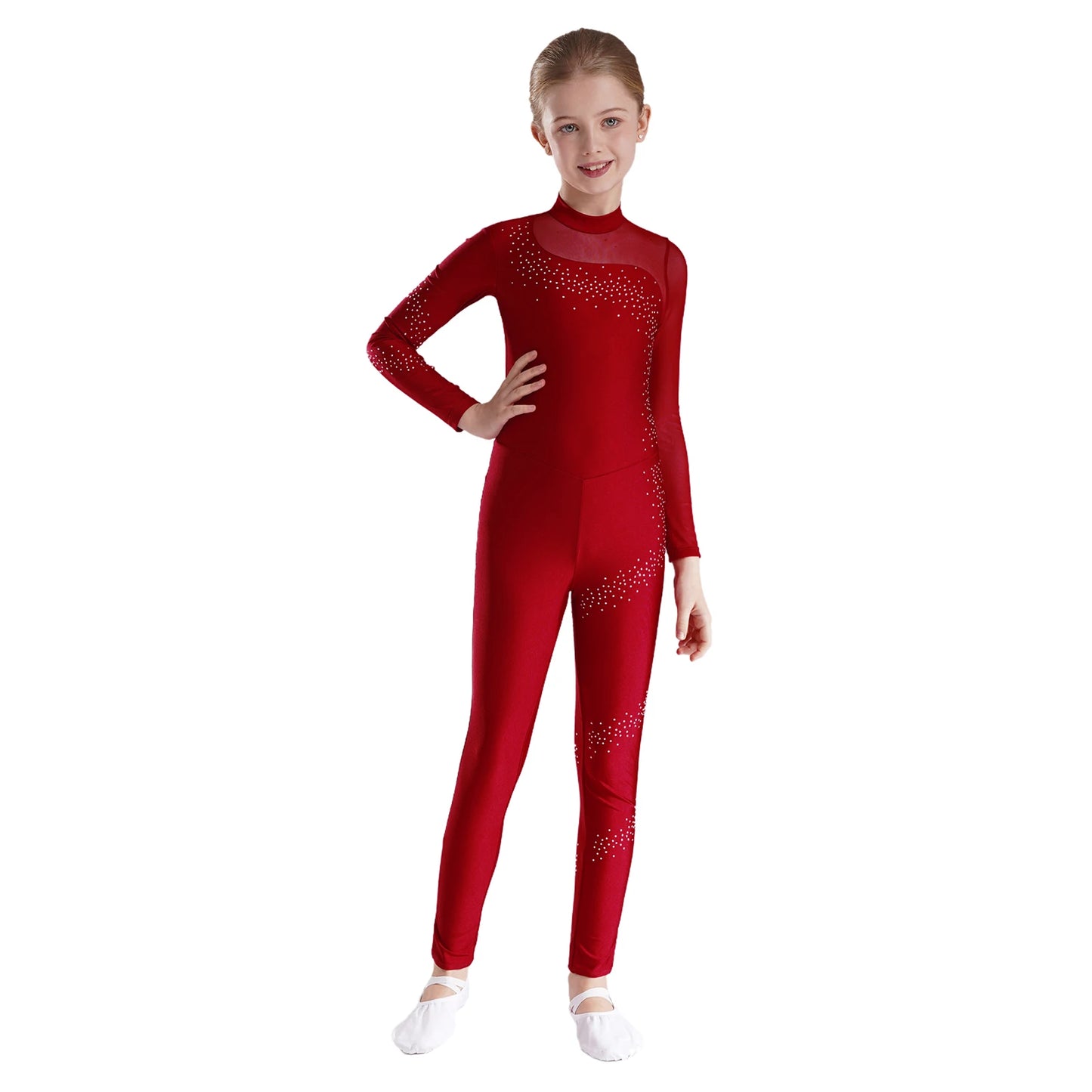 Kids Girls Ballet Dance Gymnastics Leotard Figure Skating Acrobatics Yoga Bodysuit Long Sleeve Shiny Rhinestone Mesh Jumpsuit