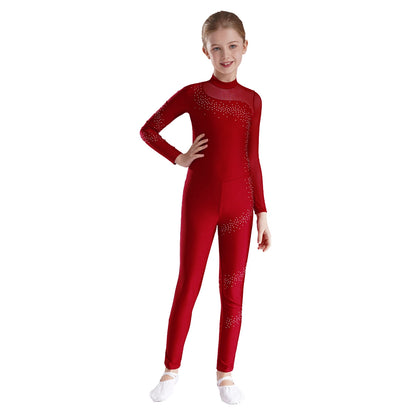 Kids Girls Ballet Dance Gymnastics Leotard Figure Skating Acrobatics Yoga Bodysuit Long Sleeve Shiny Rhinestone Mesh Jumpsuit