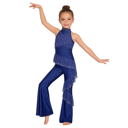Kids Girls Figure Skating Jumpsuit Ballet Gymnastics Acrobatics Dance Leotard Sleeveless Shiny Rhinestones Ruffles Mesh Bodysuit