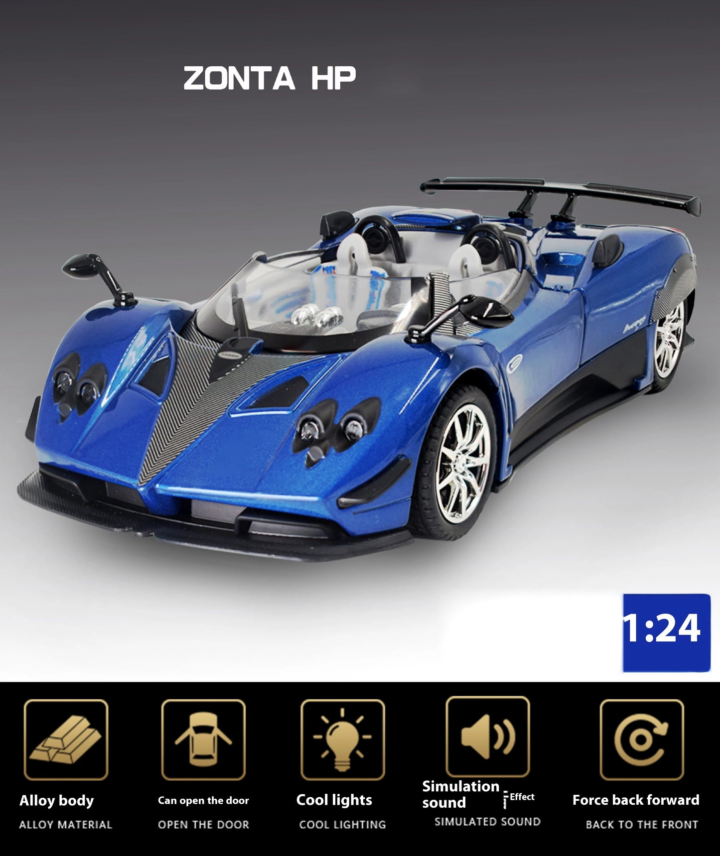 Simulated Super Sports 1:24 Car Zonda Alloy Car Model, Sound and Light Ornaments, Car Collection Toy Gift