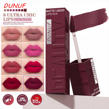 DUNUF  8-color matte velvet smooth easy-to-apply square tube lip gloss waterproof three-dimensional plumping lipstick