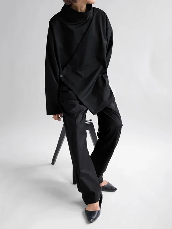 Gymystars 2026 New Black Long Sleeves Loose High Neck T-Shirts Tops Womens Spring Autumn Buttoned Casual Simpie Top