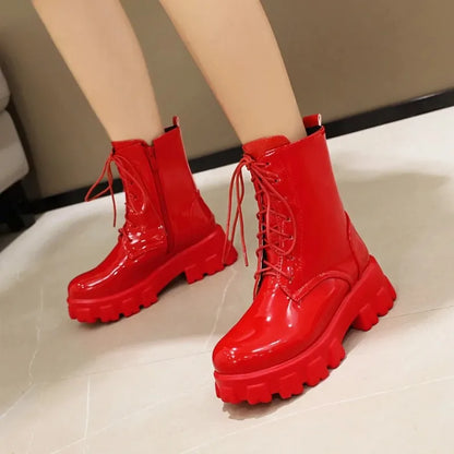 High End Women Boot Fashion Patent Leather Ankle Boots Exquisite Lace Platform Boots for Woman Luxury Designer Shoes Botas Mujer