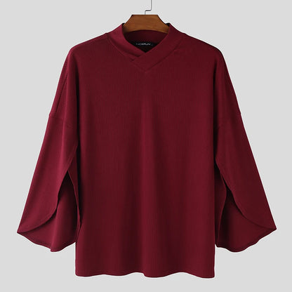 INCERUN Men T Shirt Solid Turtleneck 3/4 Sleeve Fashion Male Tee Tops Knitted Korean Style Streetwear 2026 Casual Men Clothing